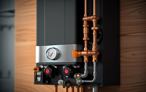 Elevate your home's heating capabilities with the close-up view of a wall-mounted combi boiler. This cutting-edge technology brings modernity and efficiency to residential heating, offering an upgrade for your domestic space. illustration created by Generative AI